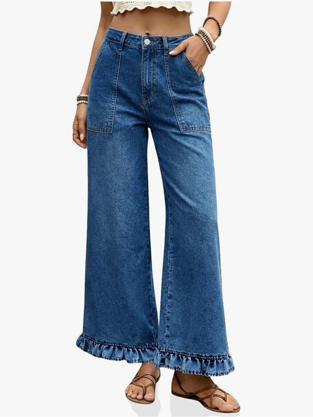 Wide-Leg High-Rise Dark Blue Jeans with Ruffle Hem
